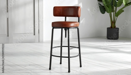 A tall, industrial-style bar stool with a brown leather seat and backrest