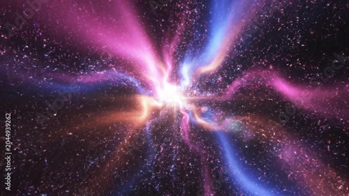 Vibrant starburst of pink, blue, and orange light radiating from a bright central core against a dark starry space background with cinematic cosmic particles and energy rays.
