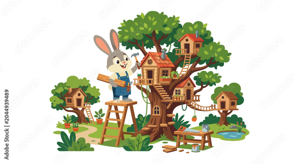 Fototapeta premium Cute Bunny Carpenter Building a Whimsical Treehouse Village