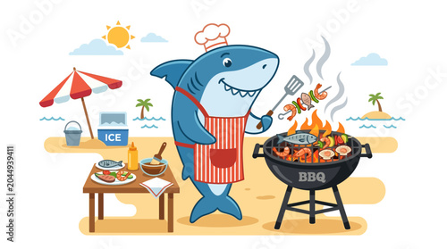 Chef Shark Grilling Seafood on Sandy Beach with BBQ