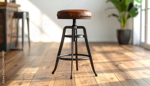Industrial bar stool with distressed leather seat on a sunlit wooden floor