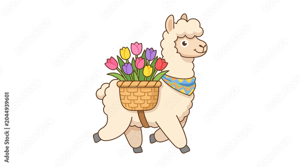 Fototapeta premium Cute cartoon llama with flowers in basket, festive, happy, whimsical illustration