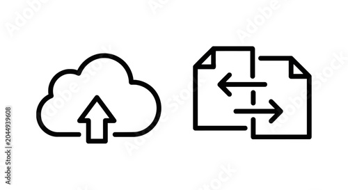 Cloud download and document sync icons with cloud computing file sharing data transfer document management online storage digital icon black and white