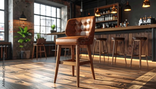 Tufted leather bar stool at wooden counter in industrial interior