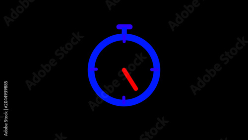 A bright blue minimalist stopwatch graphic with a red rotating hand displayed against a black background