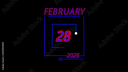 A digital calendar graphic displaying the date february 28 2026 with clean blue and red neon style typography
