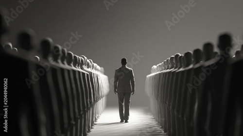 A lone figure walks down a corridor surrounded by faceless silhouettes, symbolizing individuality in a conformist world, evoking feelings of isolation and determination.