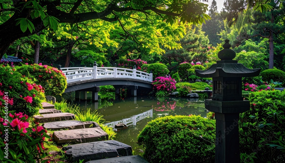 Obraz premium Tranquil garden with arched bridge, stone path, and vibrant flora