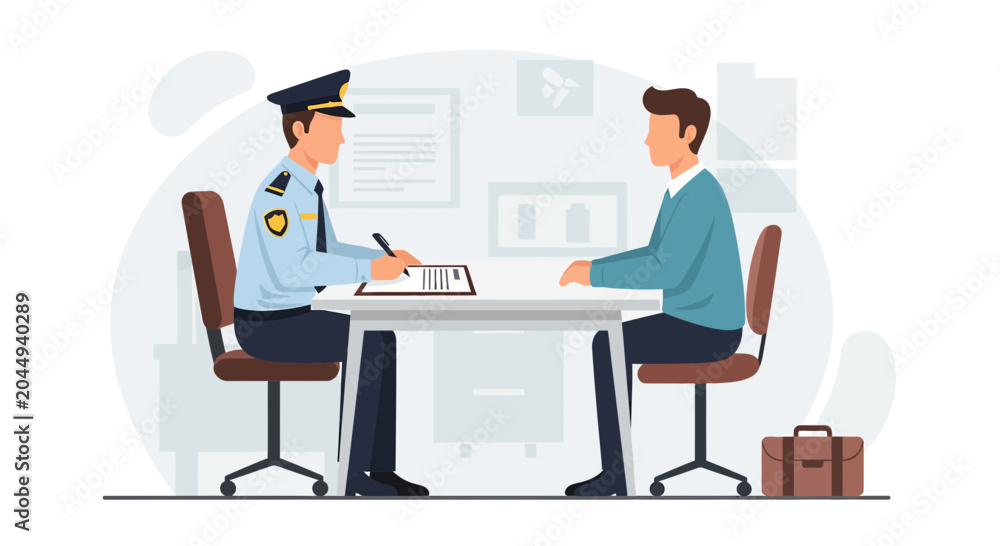 Fototapeta premium Police Officer and Suspect at Interrogation Table