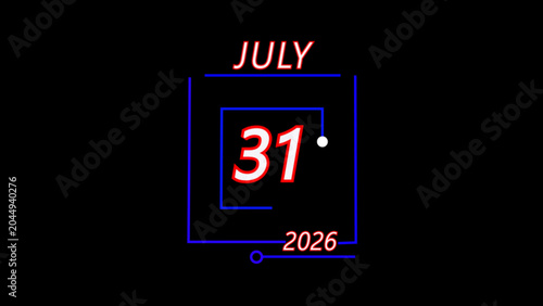A clean digital display showing the date july 31 2026 with modern geometric lines on a black background