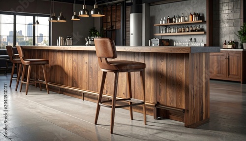 Upscale wooden bar with leather stools and cityscape view