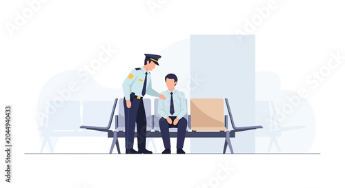 Officer Comforts Businessman in Waiting Area | Support, Guidance.