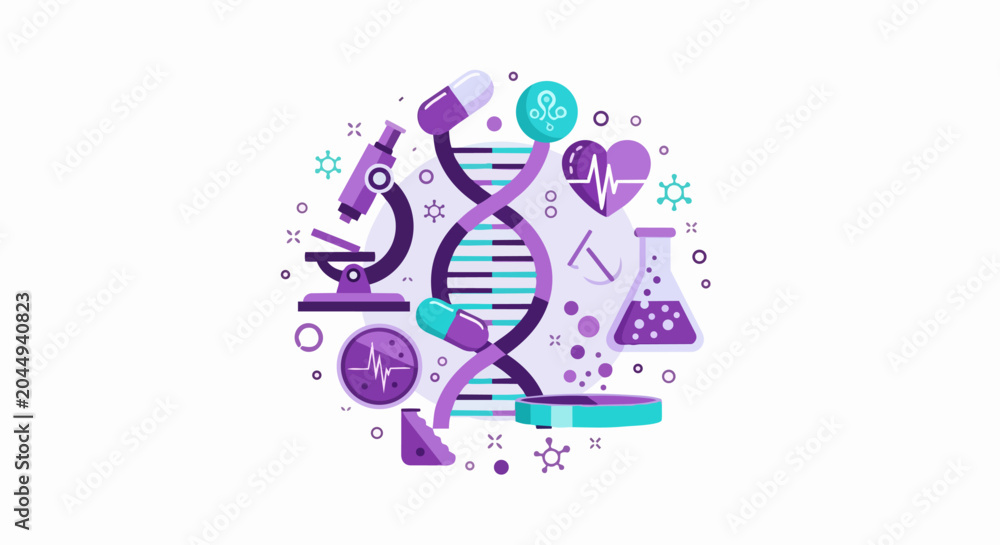 Fototapeta premium Biotechnology and Genetics Research Concept Vector Illustration with DNA Helix, Microscope, Laboratory Equipment, and Medical Icons for Healthcare and Pharmaceutical Science