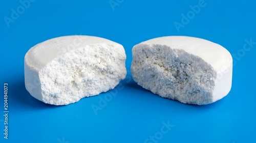 A broken white pill on a blue background, split in half to reveal its powdery interior
