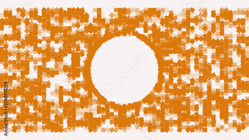An abstract motion graphics background featuring small orange square particles flowing dynamically around a solid
