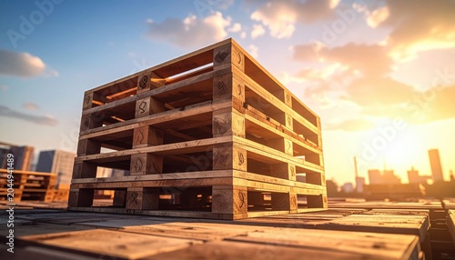 Stacked wooden pallets on a rooftop against a warm sunset