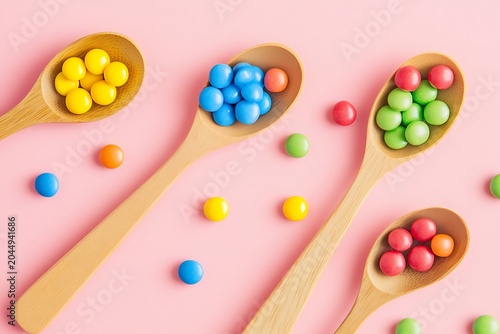 Variety of colorful candies spilling from wooden spoons on a pink table