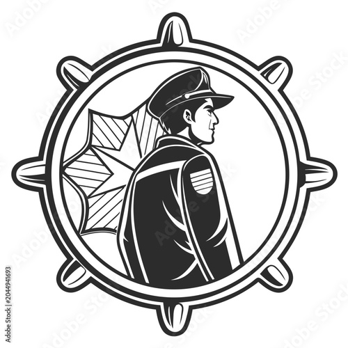 Schilderij op canvas Nautical badge design featuring a sailor in a ship helm wheel frame nautical mar