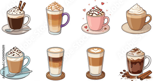 Coffee drinks vector set featuring realistic illustrations of latte macchiato cappuccino hot chocolate and espresso cups isolated on white background