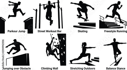 Foto Extreme urban sports silhouette icons set featuring parkour jump street workout