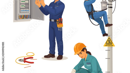 Photos Three construction workers fixing a ceiling with tools and equipment Vector