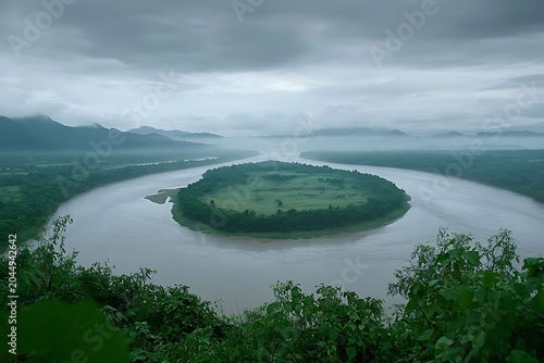 Vast aerial view showcases wide curving river with green island and misty peaks