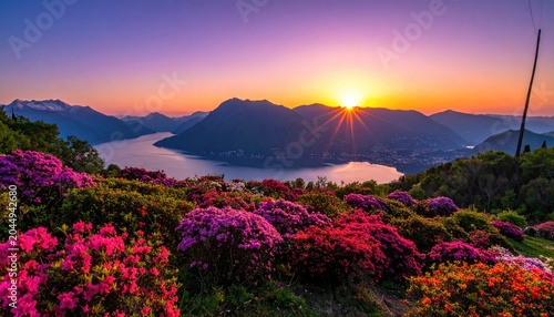 Vibrant sunrise illuminates a lake and mountains above blooming wildflowers