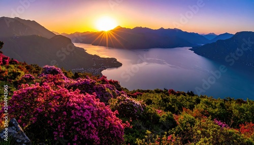 Sunburst over tranquil lake, casting golden light on flowering slopes