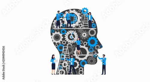 Business Team Collaboration and Mental Psychology Concept with People Fixing Gears inside Human Head Silhouette