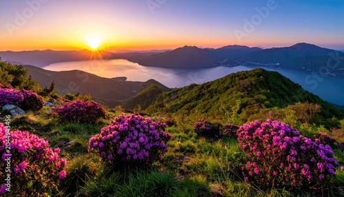 Sunset over a lake from a mountain peak, with blooming flowers