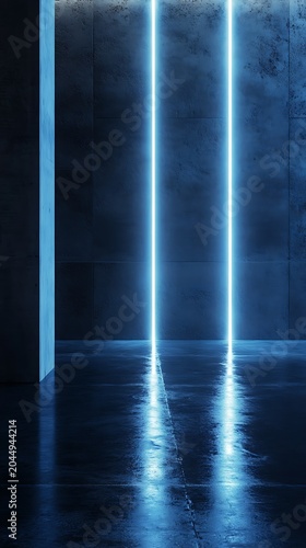 Vibrant blue neon lights illuminate a dark industrial room with reflections