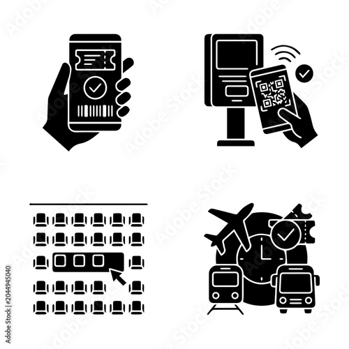 Bild auf Leinwand Travel booking icons set including smartphone ticket machine seats and transport