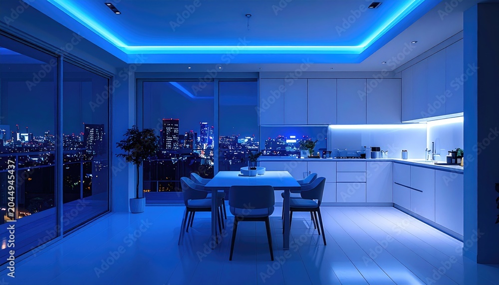Fototapeta premium Modern apartment dining area and kitchen bathed in cool blue ambient light