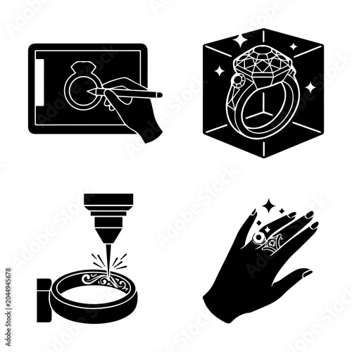 Fotografi Jewelry Design Silhouettes Depicting Creation And Display Black And White Vector