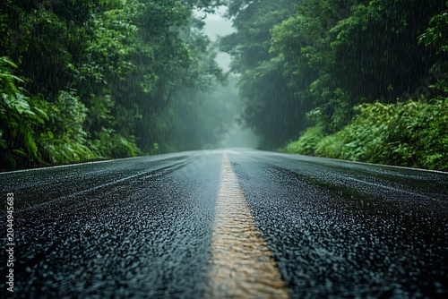 Wet asphalt road covered in heavy rain through a dense forest