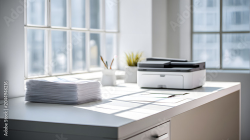 Bright Modern Office Desk with Printer, Stack of Paper, and Window View, showcasing a clean workspace and office equipment for productivity.