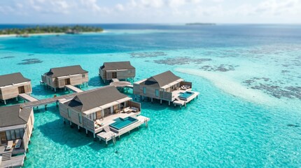 Keuken achterwand Turquoise Several water villas built on stilts over clear blue water. The villas are surrounded by a tropical landscape and coral reefs. Bright sunlight shines down  © Natali