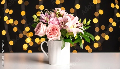 A delicate pink floral arrangement in a white mug, set against bokeh lights