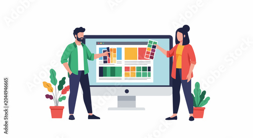Graphic Designers Working on Web UI UX Design Project with Color Palettes and Large Monitor Flat Vector Illustration for Creative Agency Marketing