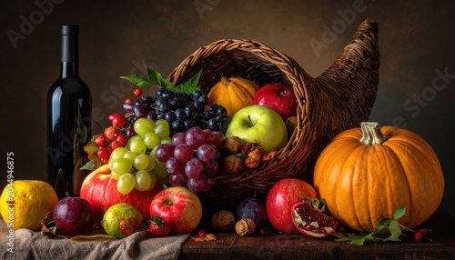 Abundant cornucopia overflowing with fruits, gourds, and a wine bottle
