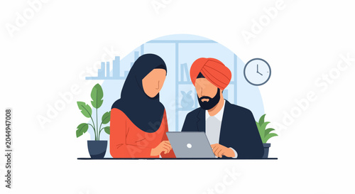 Diverse Professional Colleagues Collaborating on Laptop in Modern Office Workspace Illustration