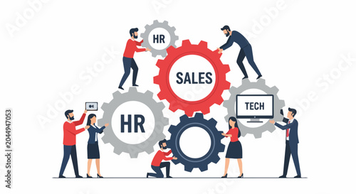 Business Collaboration Concept with Diverse Team Working Together on Integrated Gears for Sales, HR, and Tech. Efficiency and Process Management Vector Illustration.