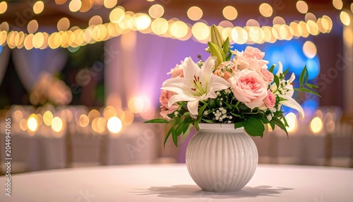 Elegant floral arrangement in a white vase on a table, bokeh lights in background