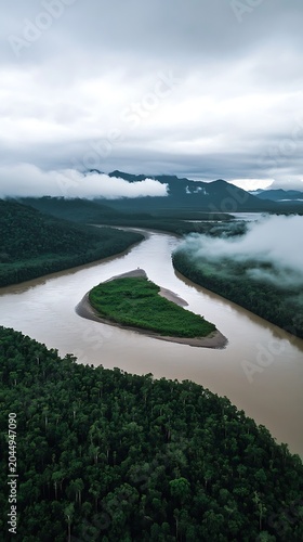 Winding river flows through lush jungle with mountains and misty clouds
