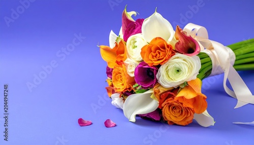 Vibrant floral arrangement with white callas, roses, ranunculus on purple