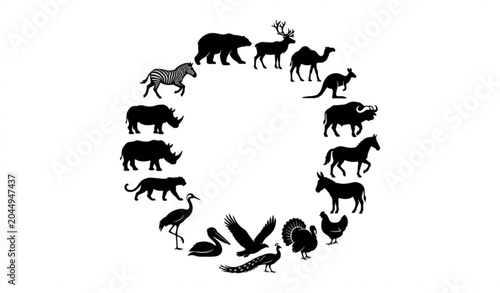 Fotografie Global Wildlife And Farm Animal Black Silhouette Circle Set With Birds From Mult