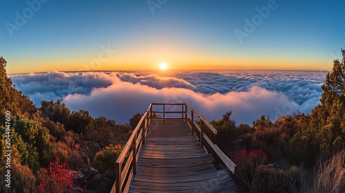 Wooden walkway overlooking stunning sunrise above a vast ocean of clouds