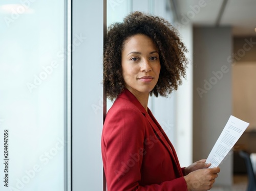 Woman reading documents in office setting