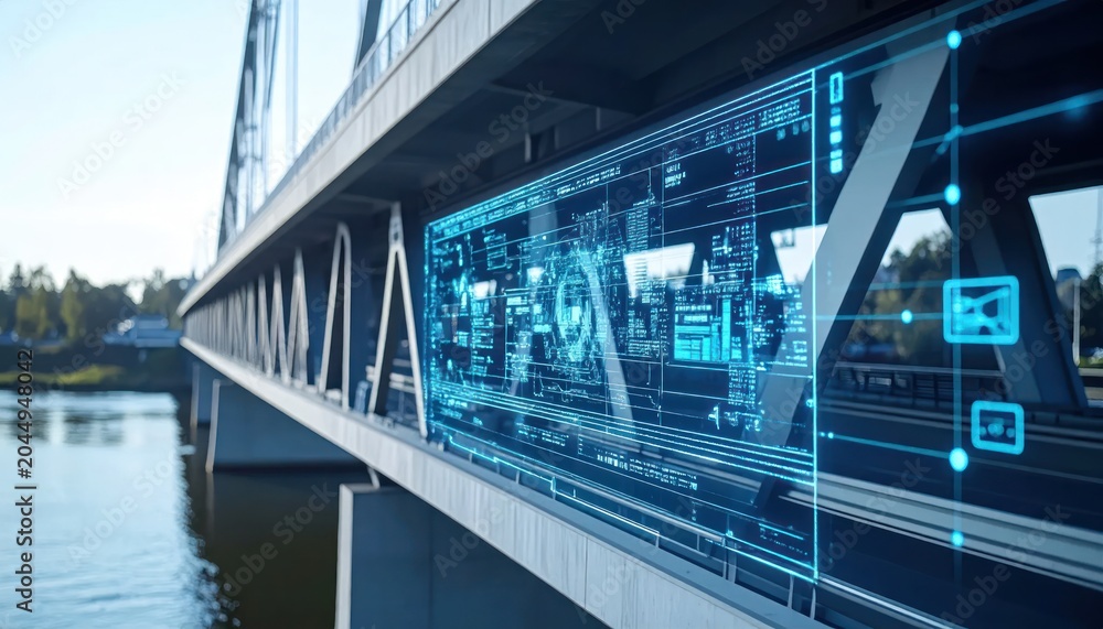 Naklejka premium Bridge span featuring large glowing digital interface and graphics.