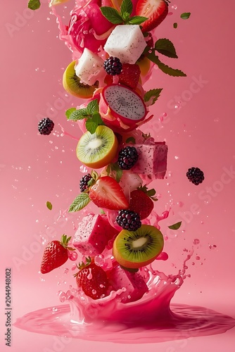 A splash of fresh water surrounds ripe strawberry and kiwi fruit slices alongside a juicy red cherry, creating a healthy and delicious summer dessert isolated on white